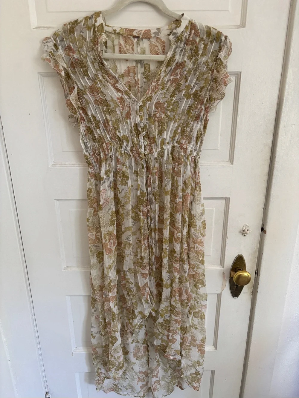 Free People Floral Smocked Flowy Layer in Cream, Olive & Blush